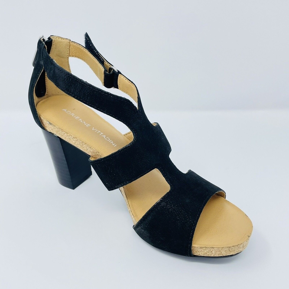 Adrienne Vittadini Saha Leather Sandals Cork Heels In Black Womans Shoes SZ 7.5
